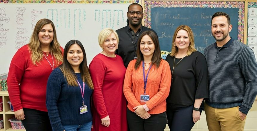 Featured image showing a group of teachers standing together in an elementary grade class room.